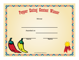 Document preview: Pepper Eating Contest Winner Certificate Template