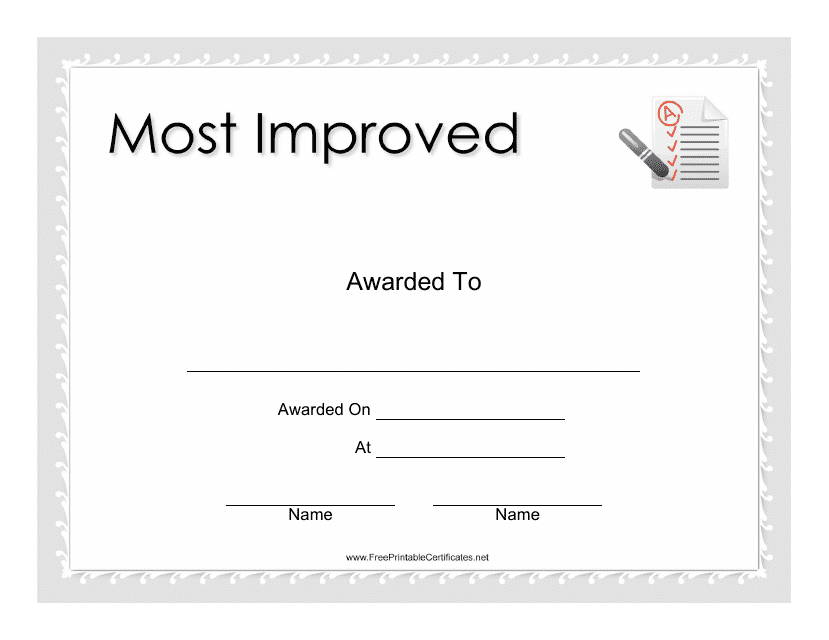 Most Improved Award Certificate Template - Grey