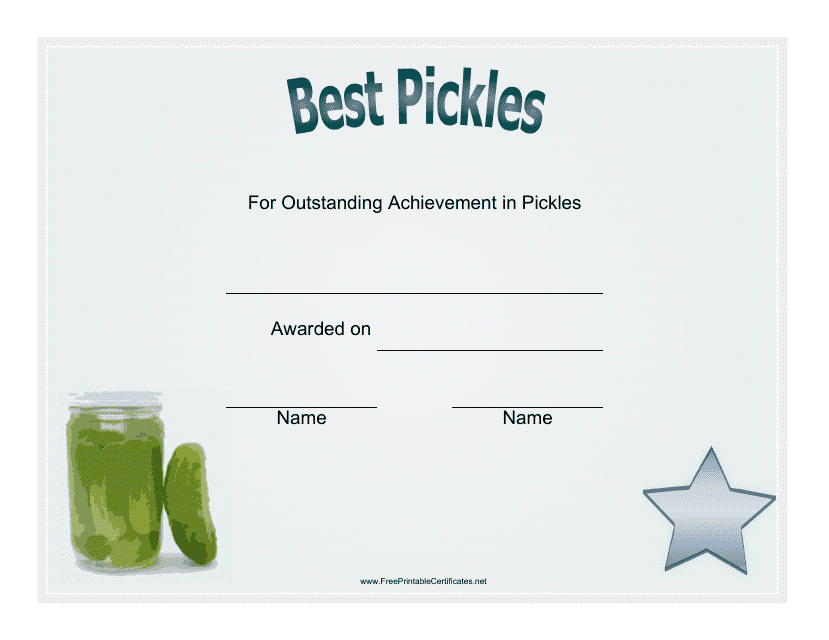 Best Pickles Achievement Certificate Template - Honor your pickle-making skills with a professionally-designed certificate