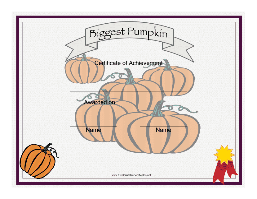 Biggest Pumpkin Achievement Certificate Template