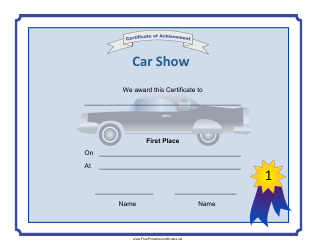 Document preview: Car Show 1st Place Achievement Certificate Template
