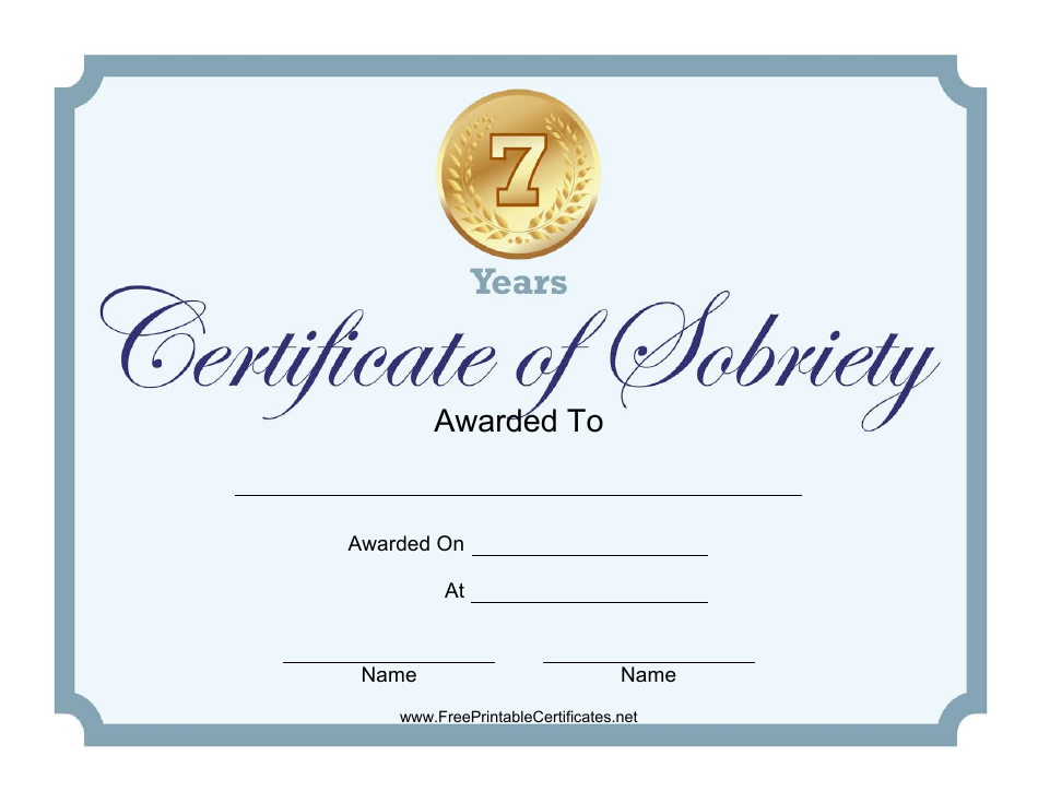 7 Years Certificate of Sobriety Template, Page 1