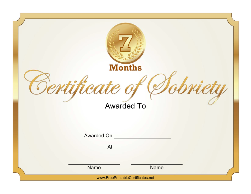 7 Months Certificate of Sobriety Template, Page 1