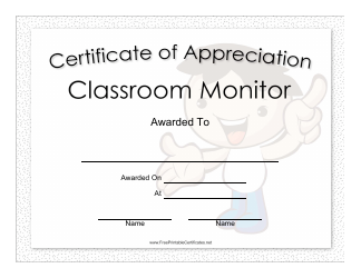 Document preview: Classroom Monitor Certificate of Appreciation Template - Boy