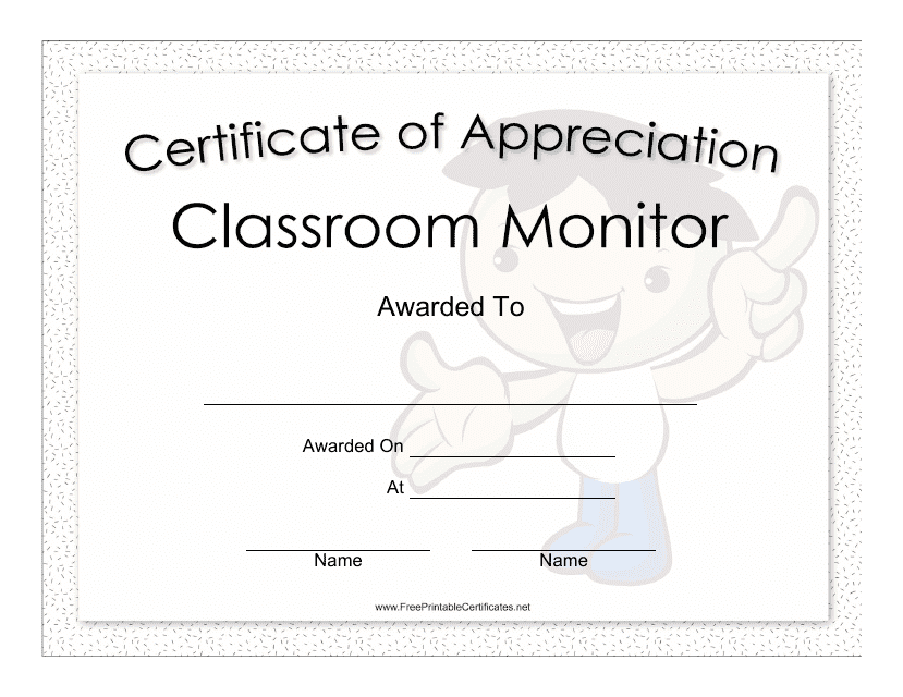 Classroom Monitor Certificate of Appreciation Template - Boy