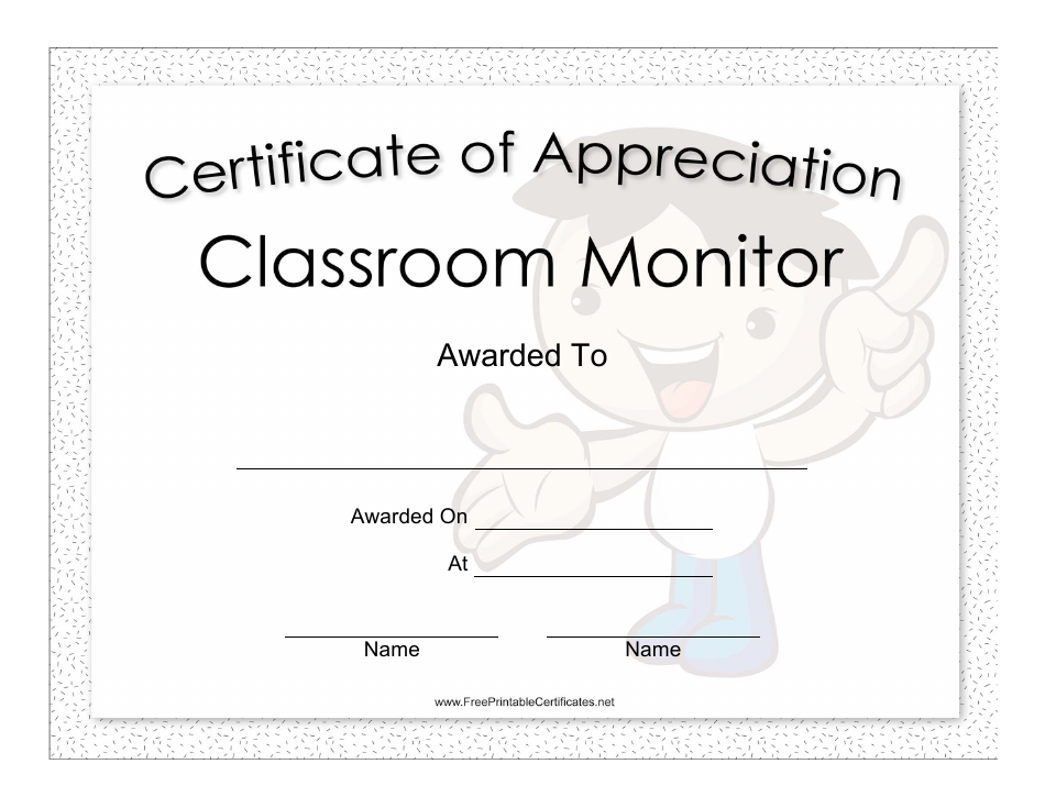 Boy Classroom Monitor Certificate of Appreciation Template