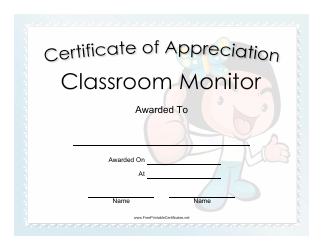 Document preview: Classroom Monitor Certificate of Appreciation Template - Monkey