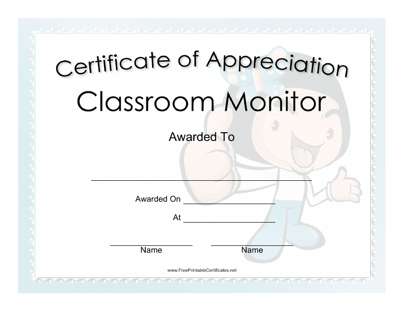Classroom Monitor Certificate of Appreciation Template - Monkey