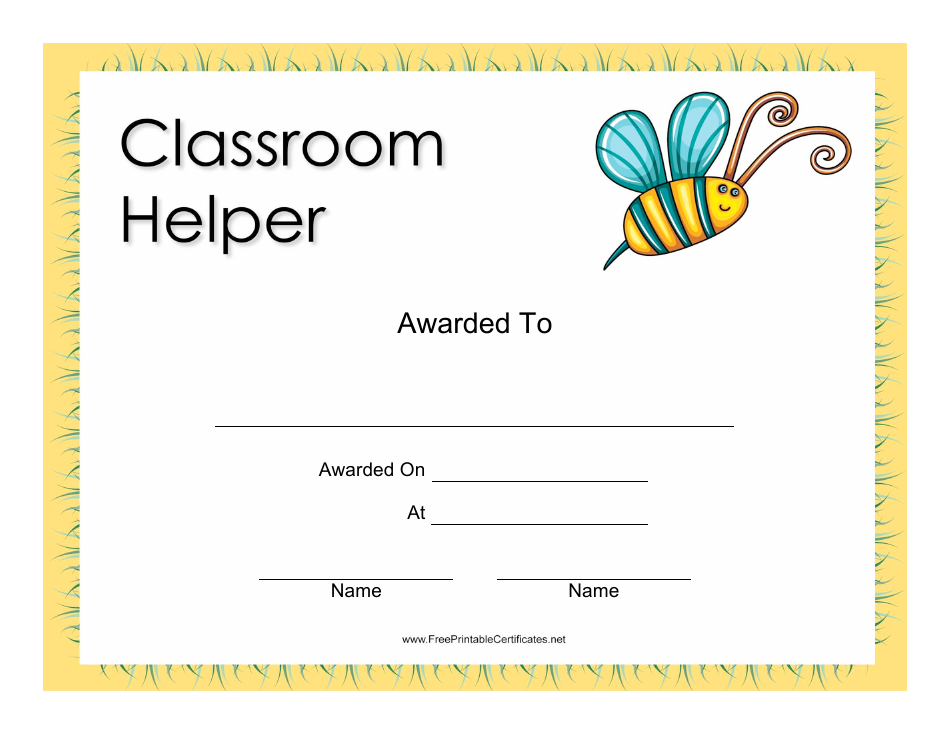 Classroom Helper Certificate Template - Yellow