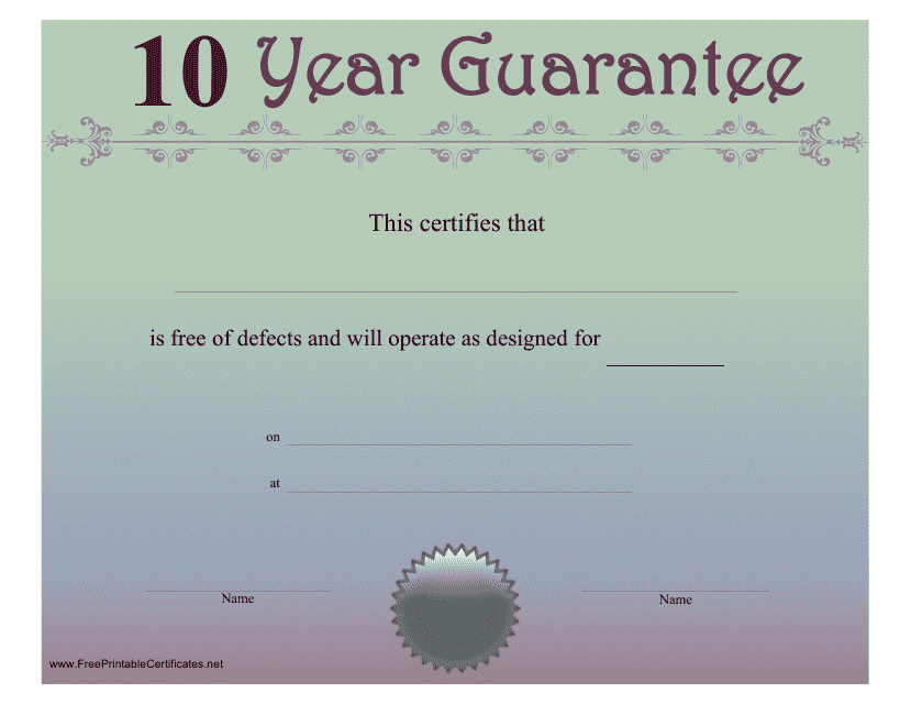 10 Year Guarantee Certificate Template - Varicolored