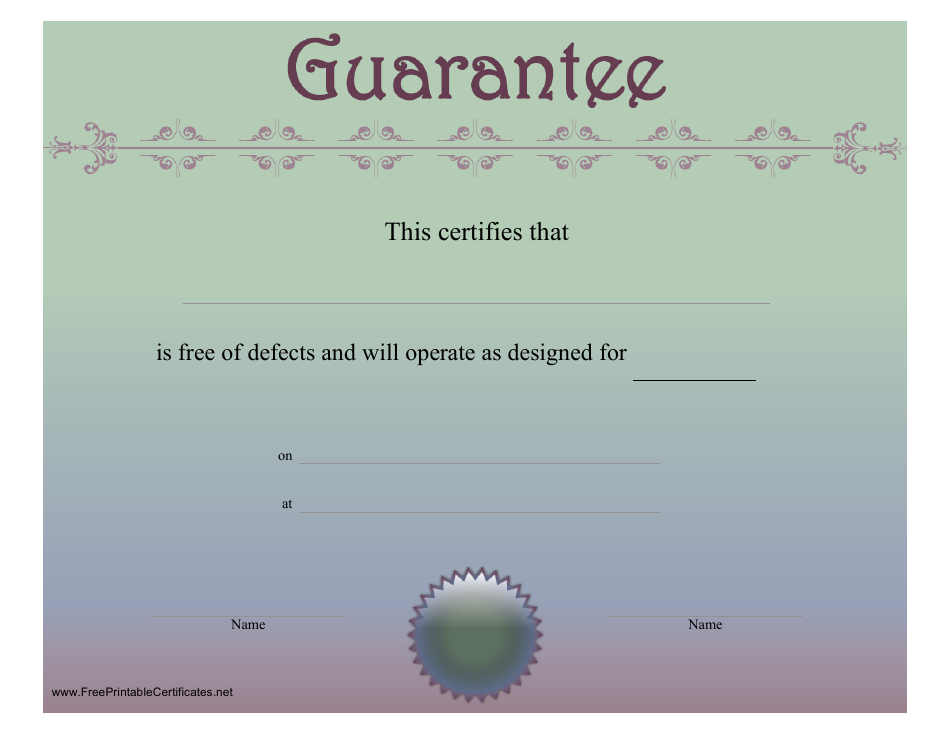 A professional Guarantee Certificate with a modern and colorful design template.