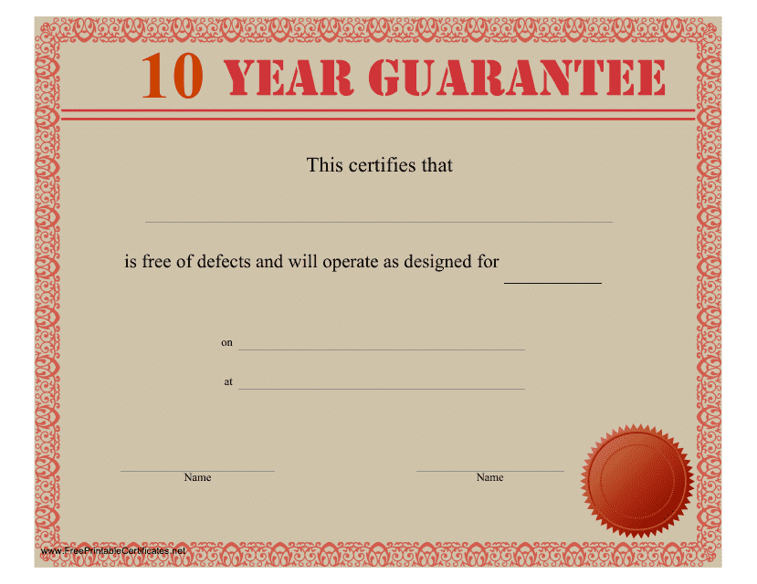 &quot;10-year Guarantee Certificate Template&quot; Download Pdf
