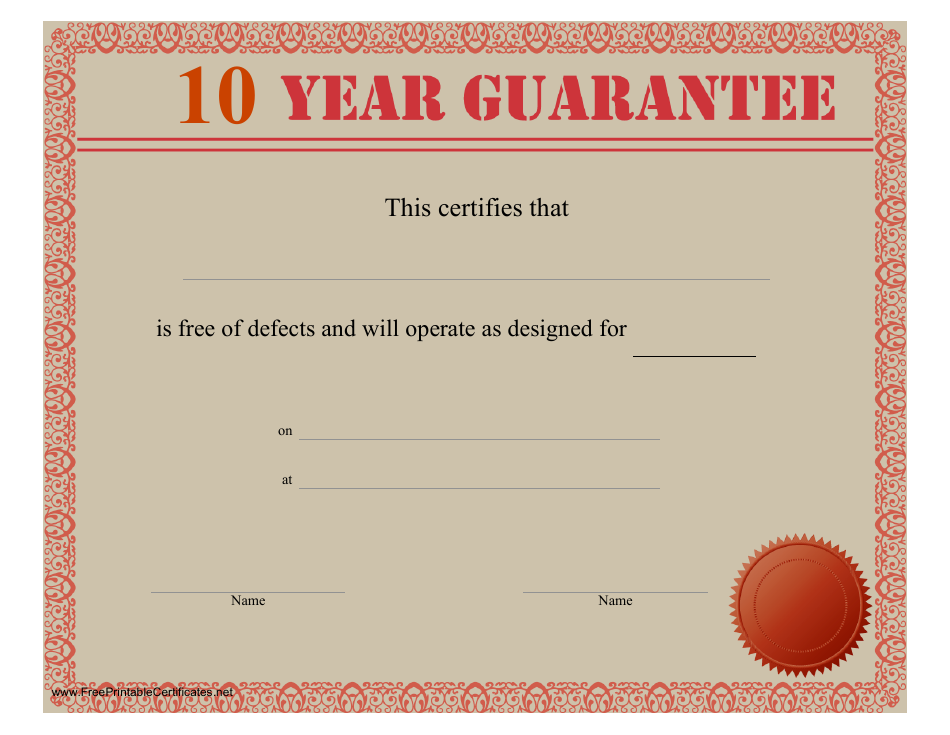 10-year Guarantee Certificate Template - Orange