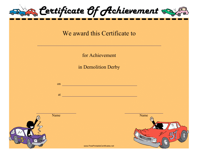 Demolition Derby Achievement Certificate Template