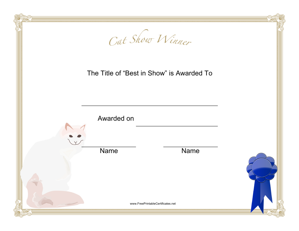 Cat Show Winner Certificate Template - Beautiful design to award the winning cat at a cat show.