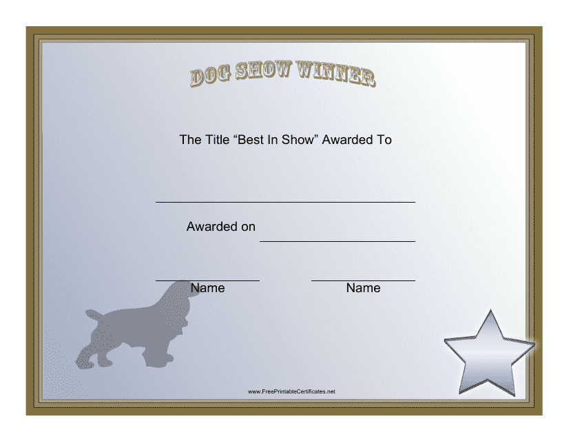 Dog Show Winner Certificate Template - customizable and professionally designed certificate template for showcasing your canine's victory in a dog show.