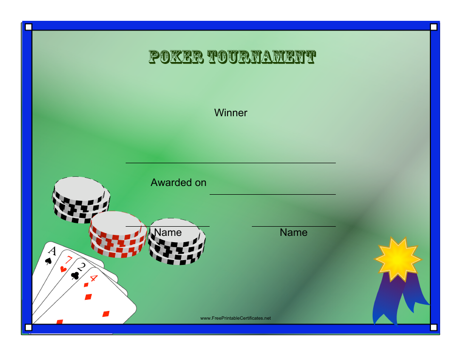 Poker Tournament Winner Certificate Template - Preview