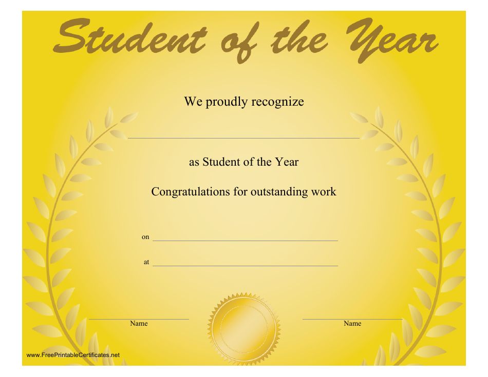 Student of the Year Certificate Template - Yellow