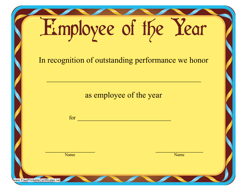 Employee of the Year Certificate Template - Yellow Download Pdf