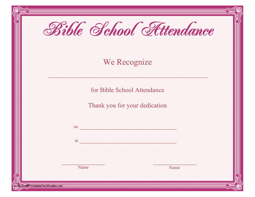Bible School Attendance Certificate Template - Pink