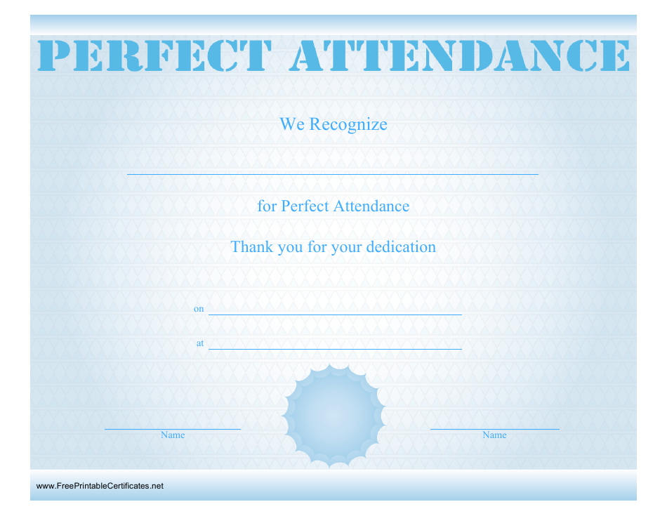 Blue and white Perfect Attendance Certificate Template with a crisp design