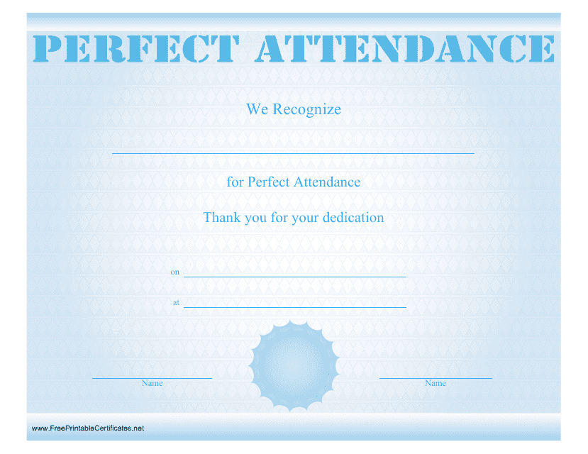 Perfect Attendance Certificate Template - Blue