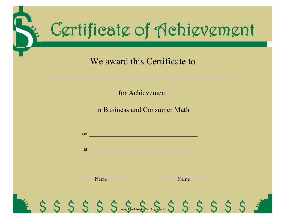 Business and Consumer Math Certificate of Achievement Template, Page 1