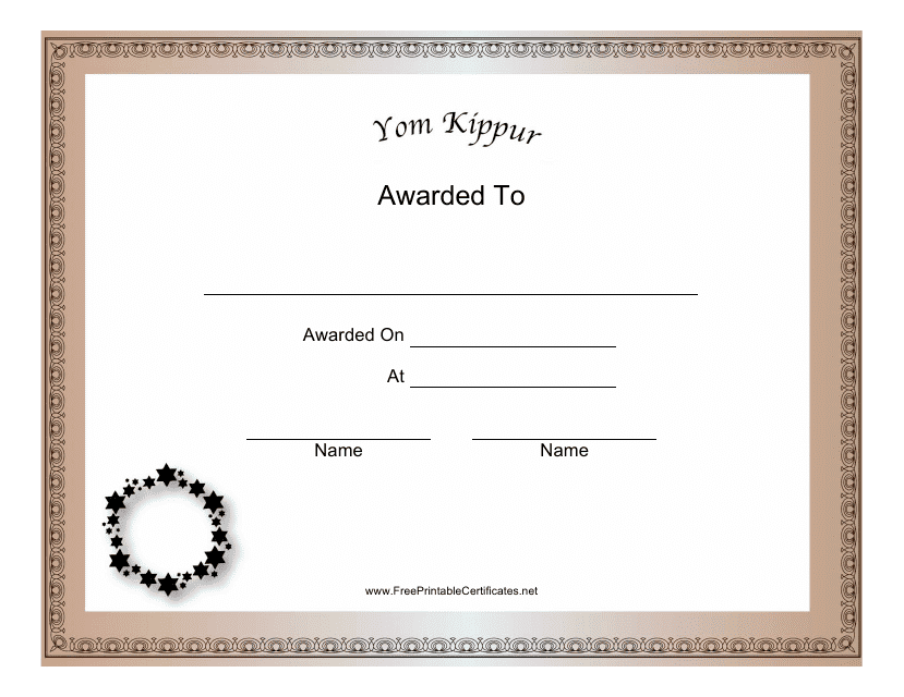 Yom Kippur Holiday Certificate Template
