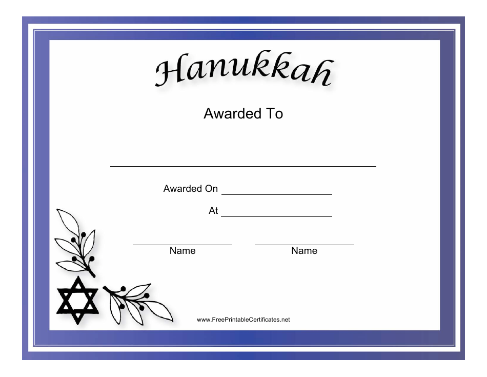 Hanukkah Holiday Certificate Template - A festive and elegant certificate template to commemorate the joyous occasion of Hanukkah. Customize this beautiful certificate with your own wording and details to recognize outstanding achievements, gifts, or achievements during the Festival of Lights.