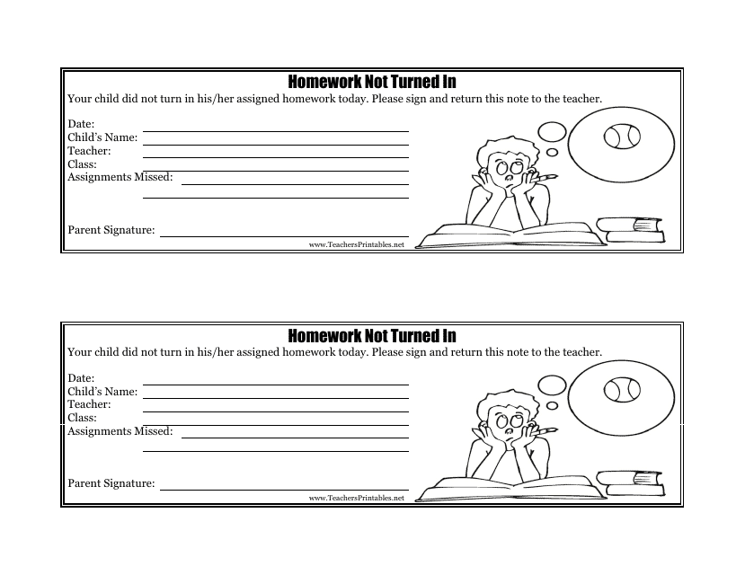 No Homework Note to Parents Template