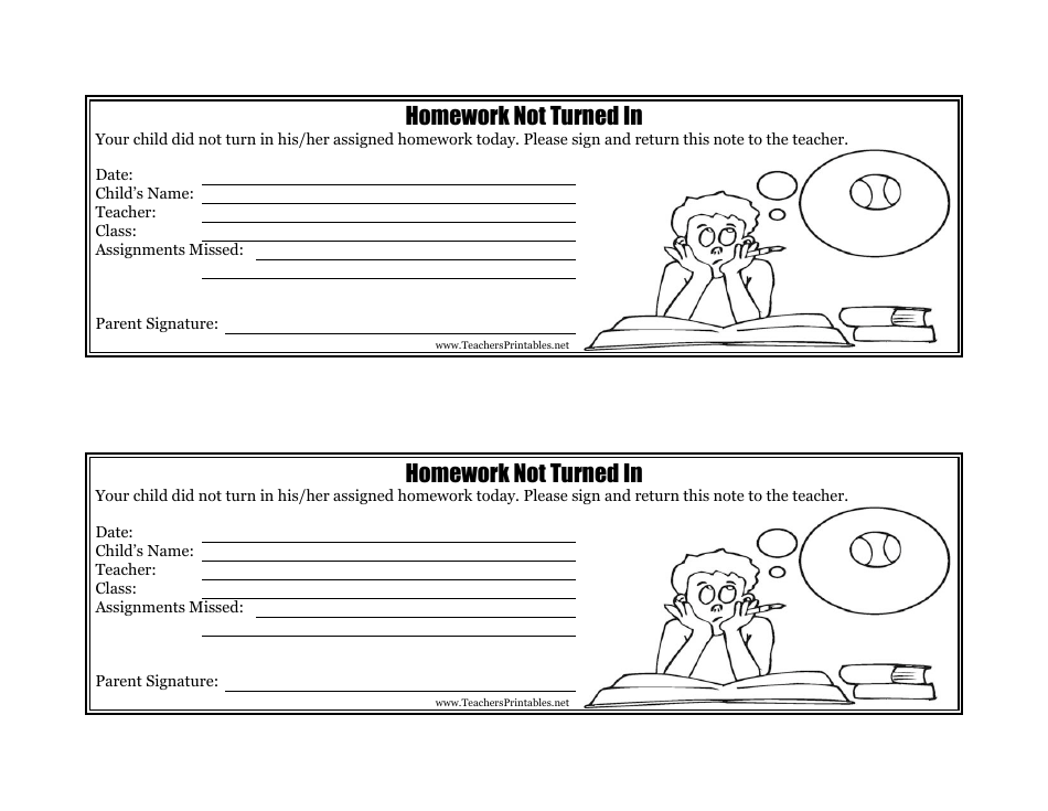 No Homework Note to Parents Template - Preview image