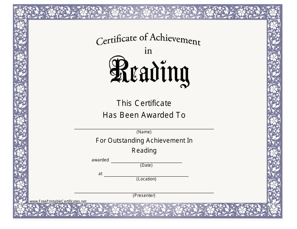 Certificate of Achievement in Reading Template