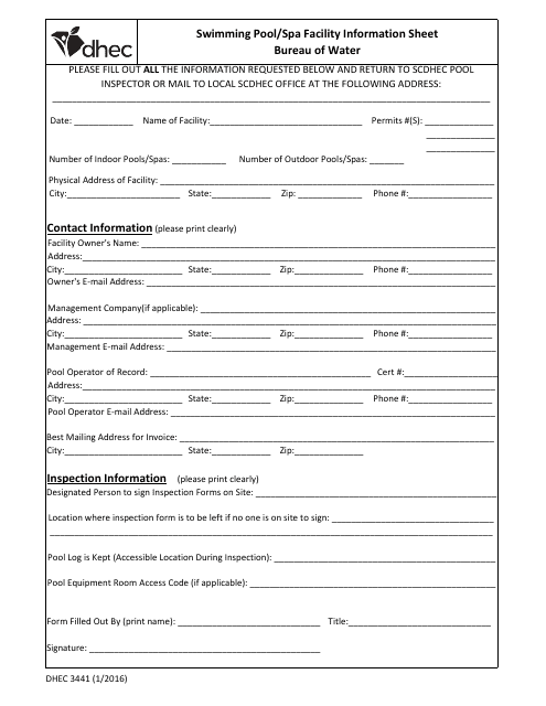 DHEC Form 3441  Printable Pdf