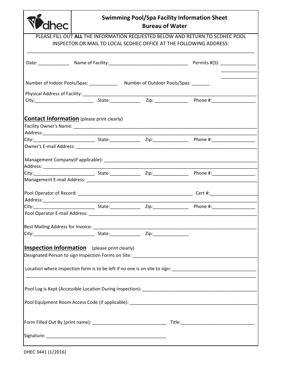 DHEC Form 3441 - Fill Out, Sign Online and Download Fillable PDF, South ...