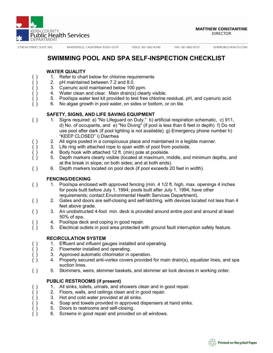 Swimming Pool and SPA Self-inspection Checklist - Kern County, California, Page 1