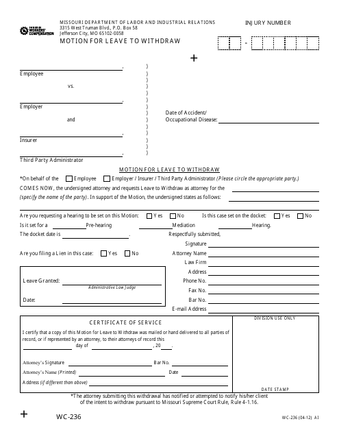 Form WC-236 Motion for Leave to Withdraw - Missouri