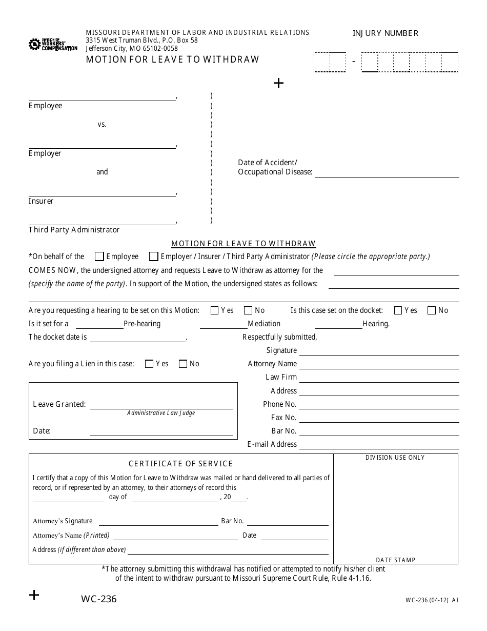 Form WC-236 - Fill Out, Sign Online and Download Fillable PDF, Missouri ...