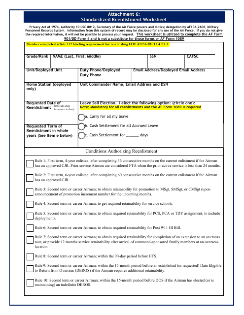 AF Form 901 Attachment 6 Standardized Reenlistment Worksheet