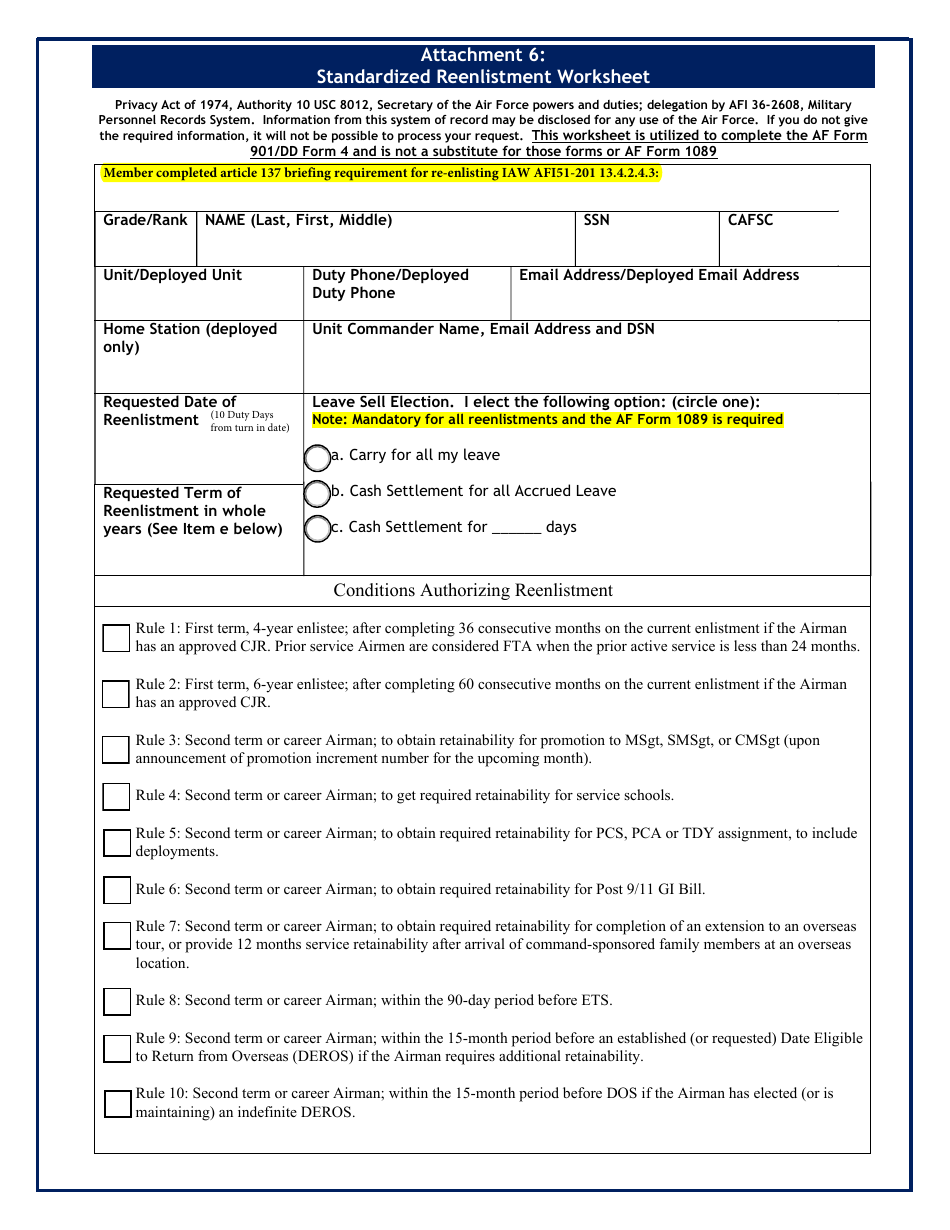AF Form 901 Attachment 6 Standardized Reenlistment Worksheet, Page 1