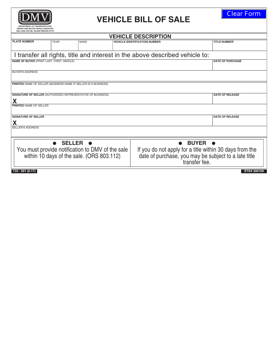 Form 735-501 Vehicle Bill of Sale - Oregon, Page 1