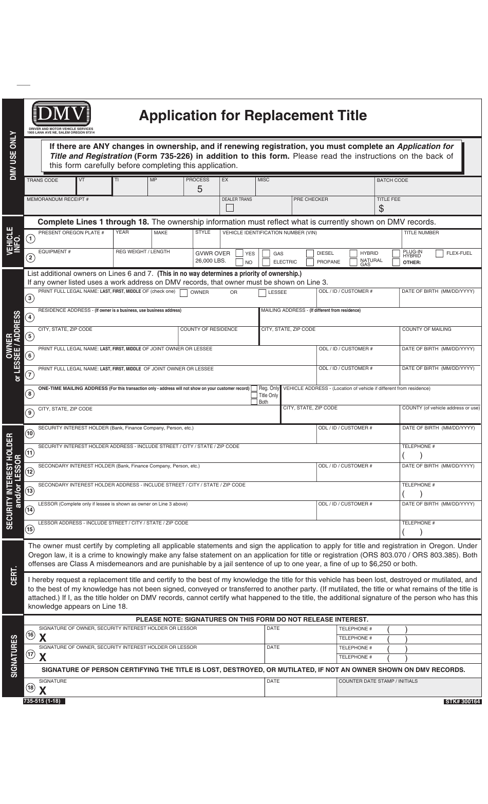 Form 735-515 Application for Replacement Title - Oregon, Page 1
