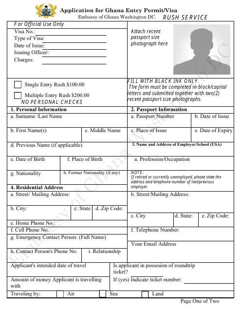Application for Ghana Entry Permit / Visa - Embassy of Ghana - Washington, D.C. Download Pdf