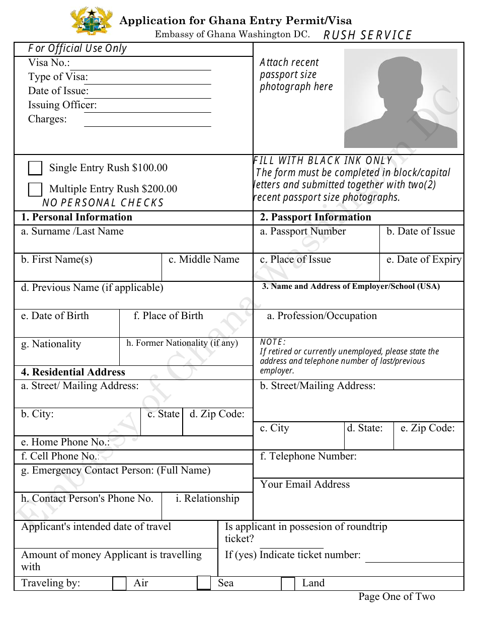 Application for Ghana Entry Permit / Visa - Embassy of Ghana - Washington, D.C., Page 1