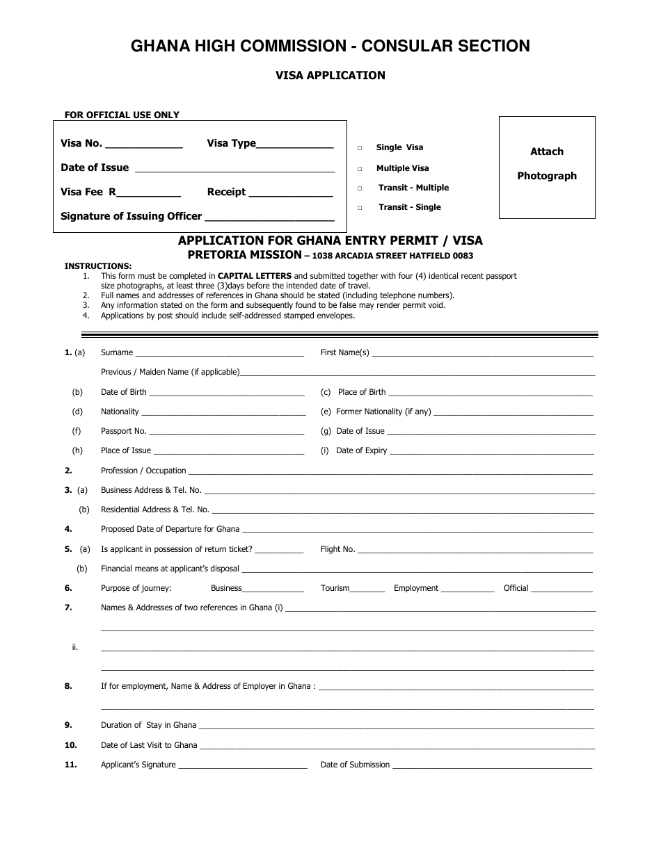 Application for Ghana Entry Permit / Visa - Ghana High Commission - Pretoria, Gauteng, South Africa, Page 1