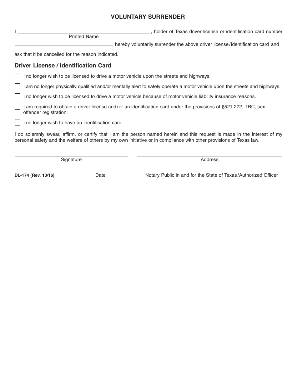 Form DL-174 Voluntary Surrender - Texas, Page 1