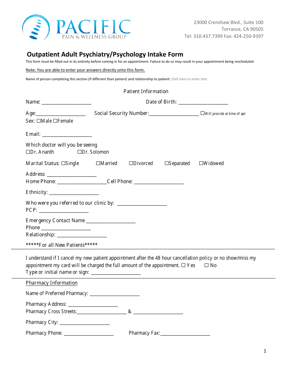 Outpatient Adult Psychiatry / Psychology Intake Form - Pacific Pain  Wellness Group, Page 1