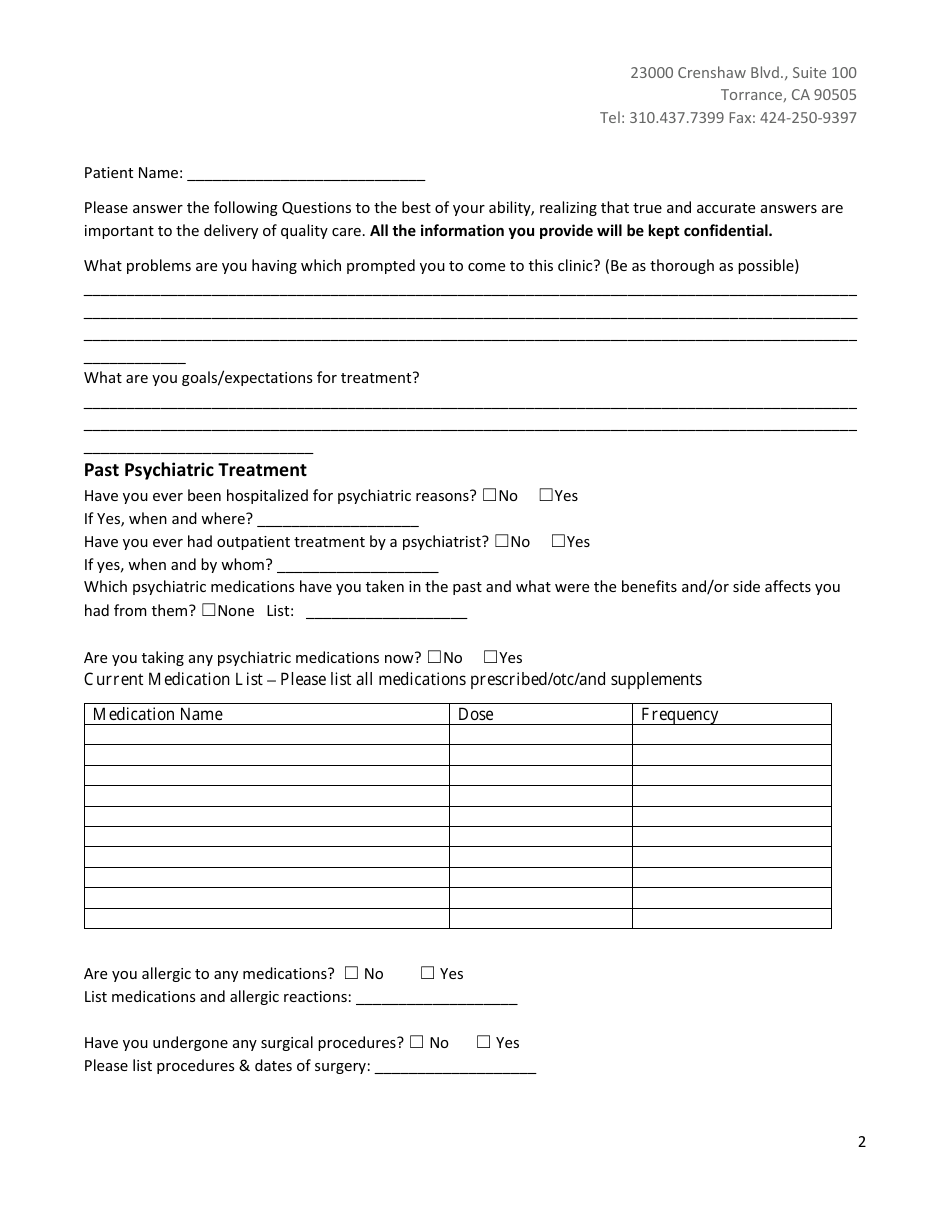 Outpatient Adult Psychiatry / Psychology Intake Form - Pacific Pain  Wellness Group, Page 2