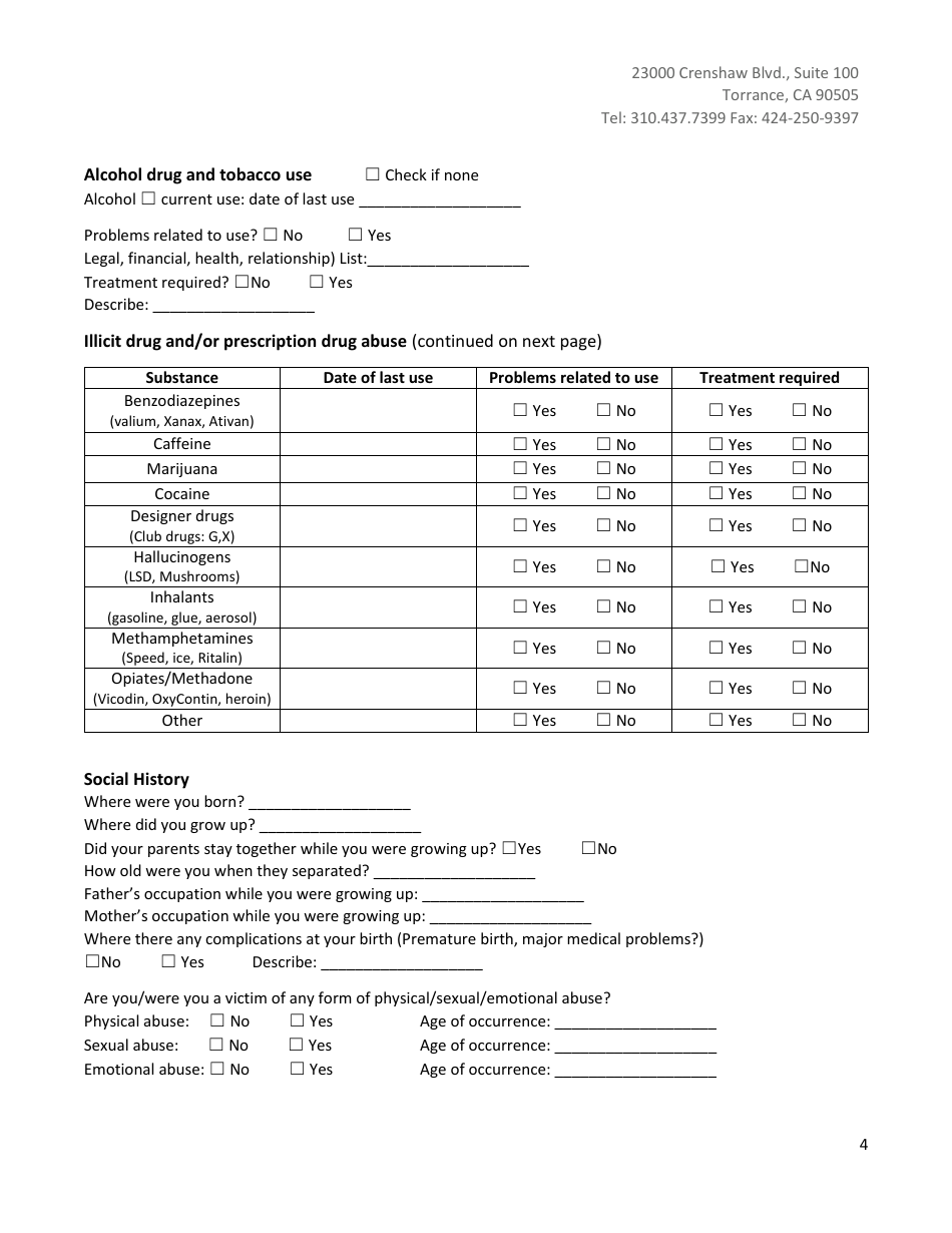 Outpatient Adult Psychiatry / Psychology Intake Form - Pacific Pain  Wellness Group, Page 4