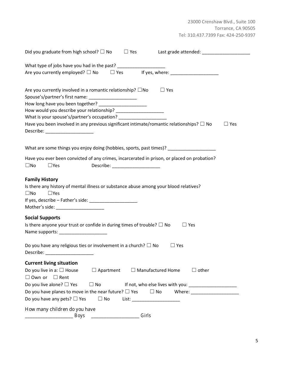 Outpatient Adult Psychiatry / Psychology Intake Form - Pacific Pain  Wellness Group, Page 5