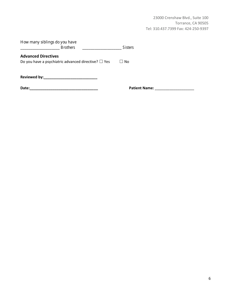 Outpatient Adult Psychiatry / Psychology Intake Form - Pacific Pain  Wellness Group, Page 6